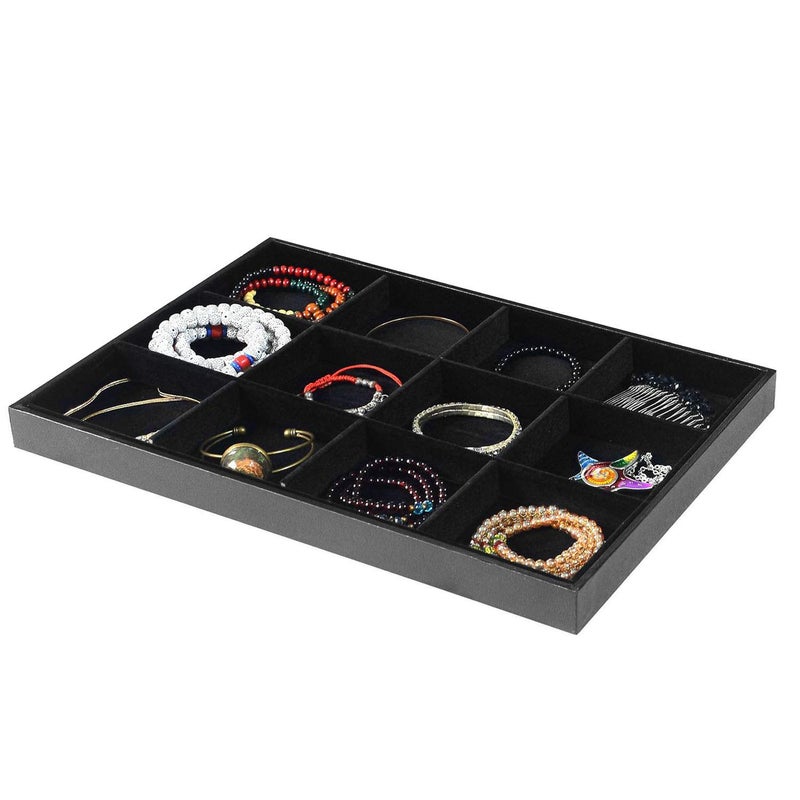 Pimuza Black Velvet Stackable 12 Grid Jewelry Tray for Women Gemstone Pendant,Diamond,Showcase Display Organizer Holder Storage Modern Box Case Pad Stackers for Valet Closet,Decorate Vanity Table - Image 1